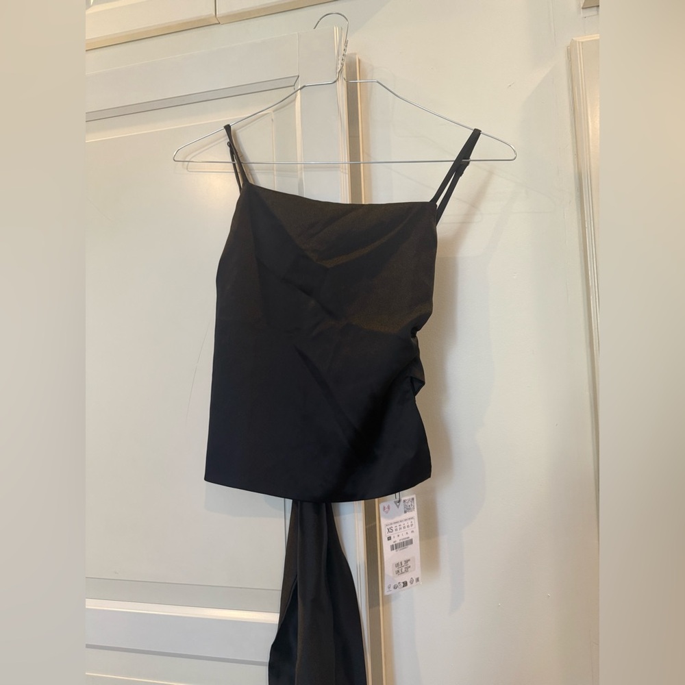 Zara Black Tie Back Crop Top Satin-Feel
